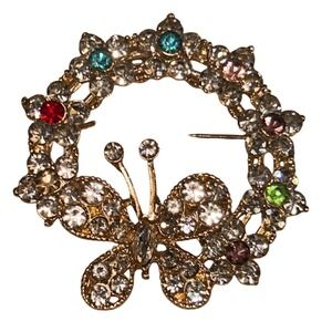 Vintage Gold Tone Butterfly Wreath Brooch Rhinestone Multi Color Crystal Pin